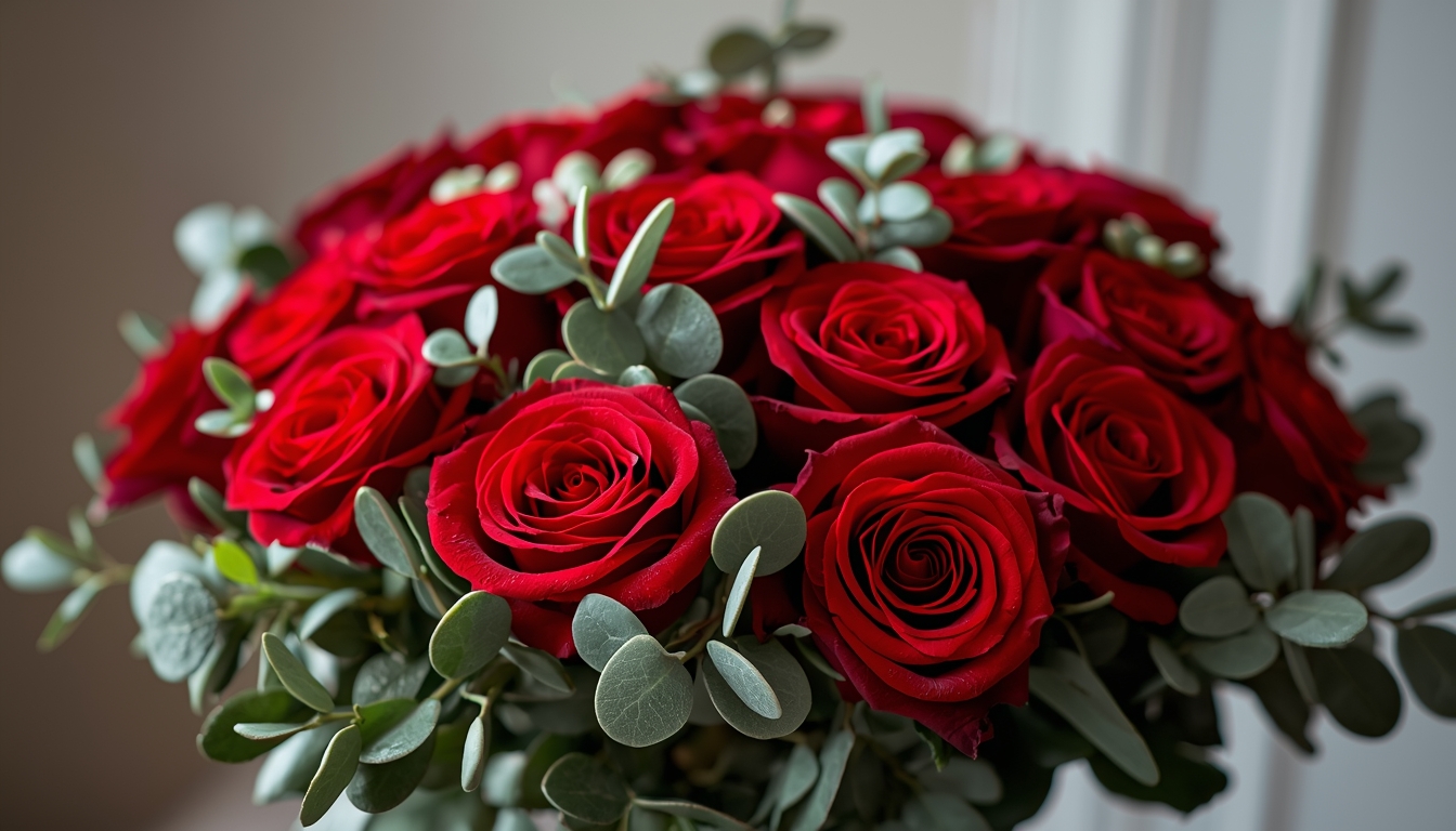 Eleganten šopek rdečih vrtnic z evkaliptusom