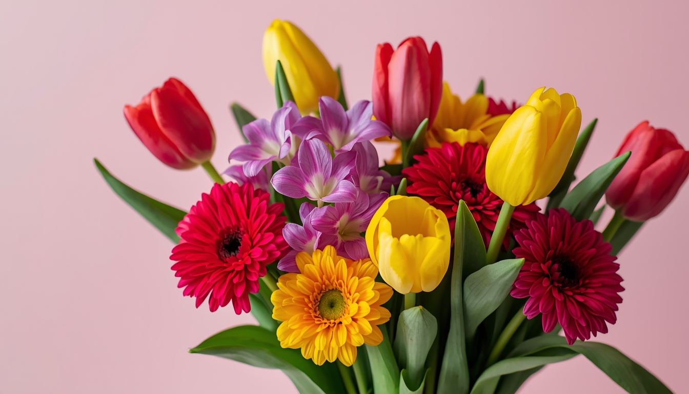 Pisani pomladni šopek tulipanov in frezij